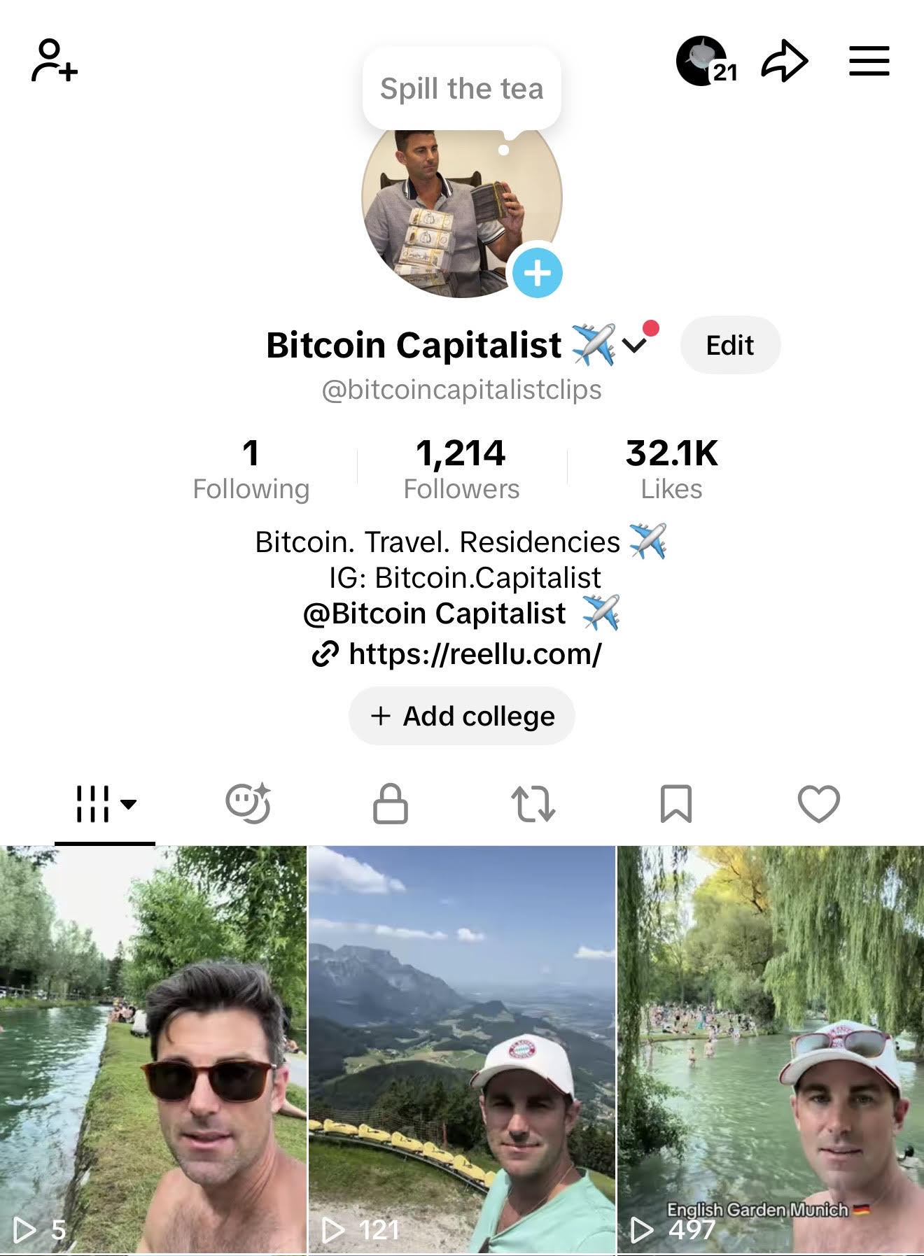 Fanpage account — @bitcoincapitalistclips with profile, bio, IG tag, and video clips with views